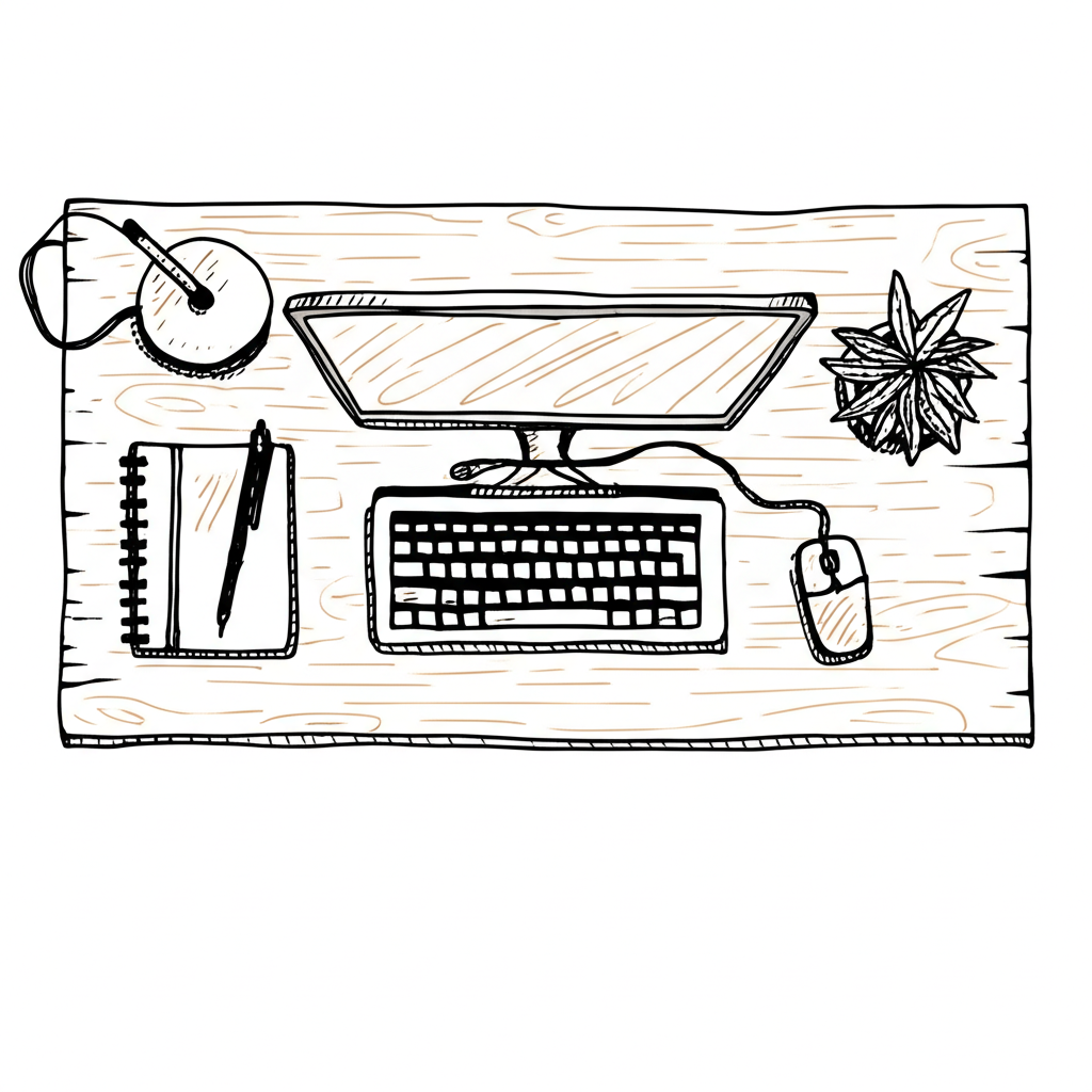 Illustration eines aufgeräumten, ästhetischen Schreibtisches von oben, korrekt ausgerichtet